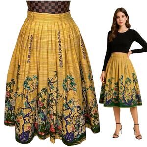 Vintage Yellow Floral Midi Skirt with Green Border